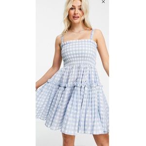 ASOS DESIGN Petite Blue Gingham Dress w/ Raw Edges + Semi-Exposed Back
